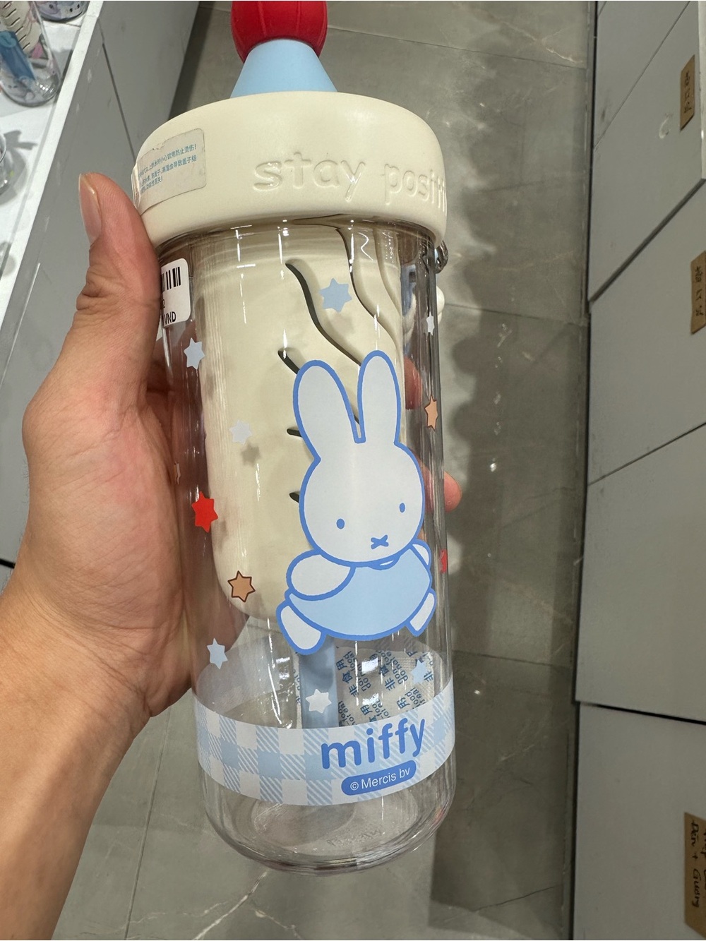 miffy Clear Kids Bottle with Blue Bunny and Cream Lid